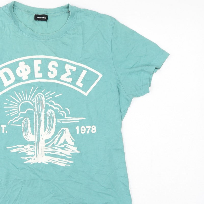 Diesel Women Blue M Basic Cotton Cactus Graphic Crew Neck T-Shirt