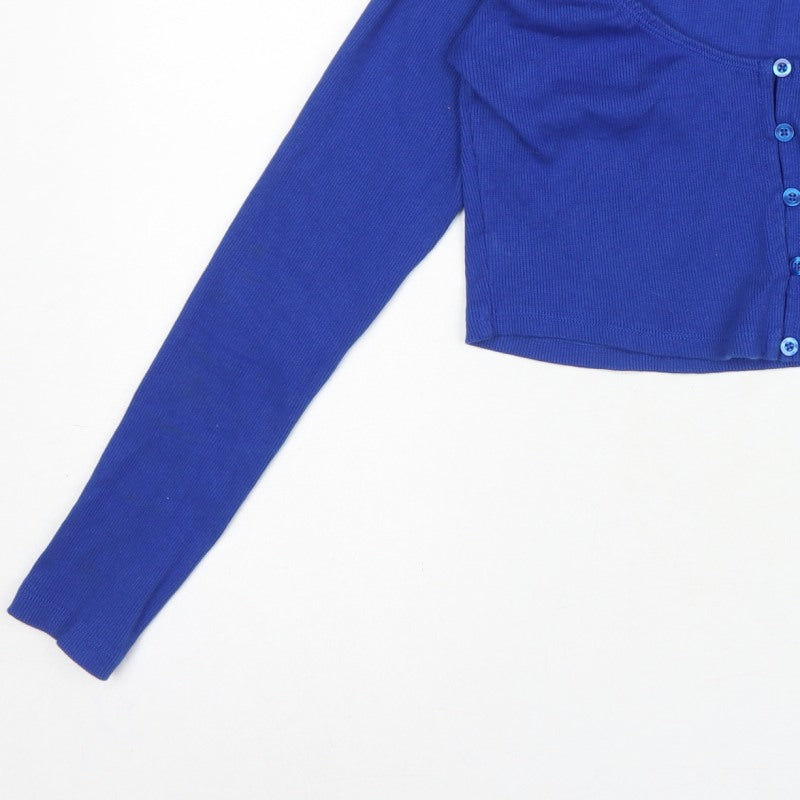 Motel Women’s Blue L Cropped Rib Knit Scoop Neck Button Top