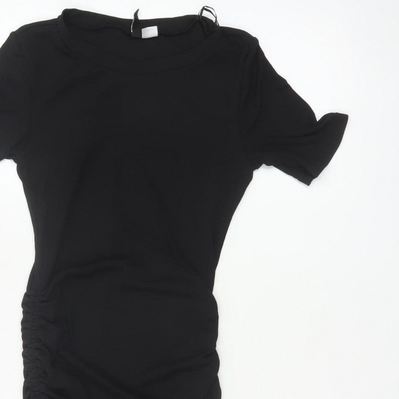Divided H&M Women Black S Ruched Bodycon Mini Dress Puff Sleeve