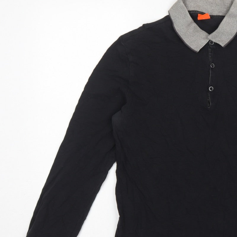 Hugo Boss Mens Black Grey Long Sleeve Cotton Polo Shirt L Logo