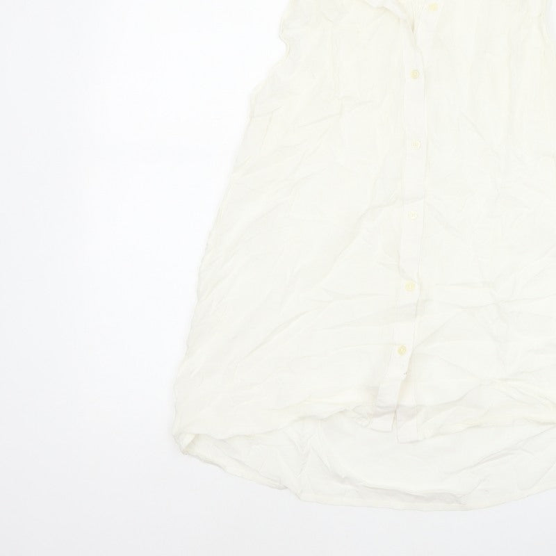 GAP Women White S Sleeveless Ruffle Collar Rayon Button-Up Blouse