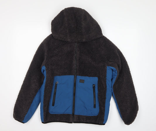 Zara Boys Black Blue Hooded Fleece Jacket Age 13-14 Years Full Zip