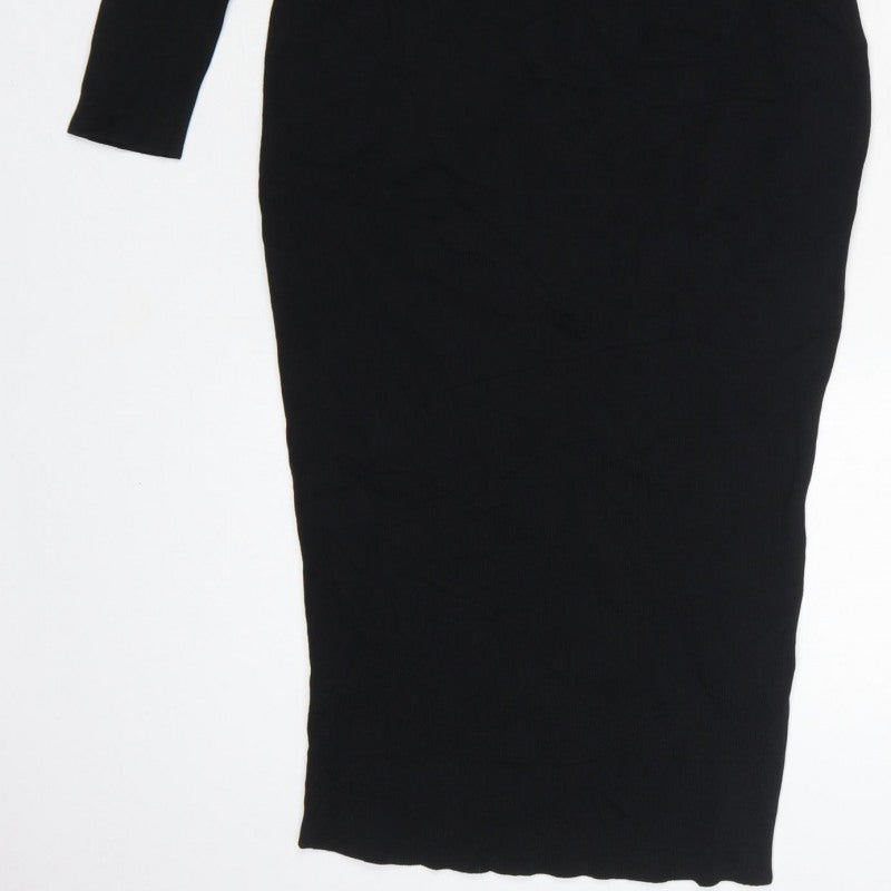 H&M Women Black UK 8 Bodycon Midi Cold Shoulder Knit Dress