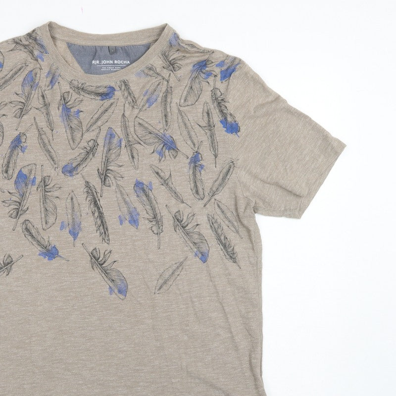 RJR John Rocha Men’s Beige Blue Feather Print Linen T-Shirt Size S
