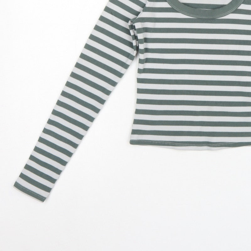 Hollister Women Green White Stripe Ribbed Long Sleeve Jersey T-Shirt S