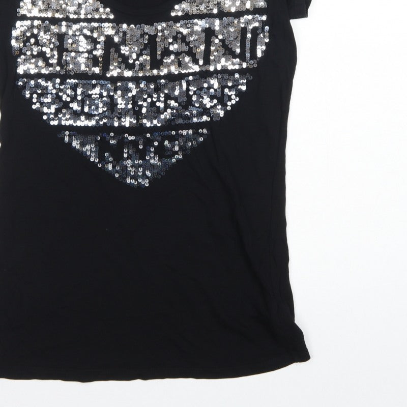 Armani Exchange Women Black M Slim Sequin Eagle Scoop Neck T-Shirt