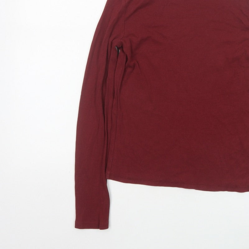 Monki Women Red Size 10 Ribbed High Neck Long Sleeve Basic Top