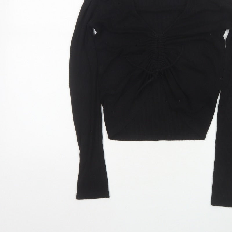 Stradivarius Women Black M Cropped Ruched V-Neck Long Sleeve Stretch Top