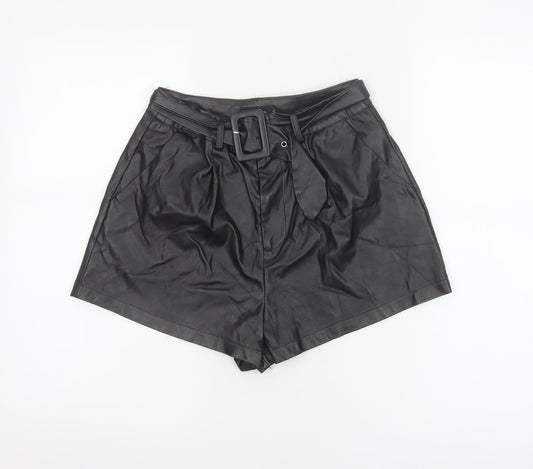 PrettyLittleThing Women Black UK 8 High Rise Belted Faux Leather Shorts