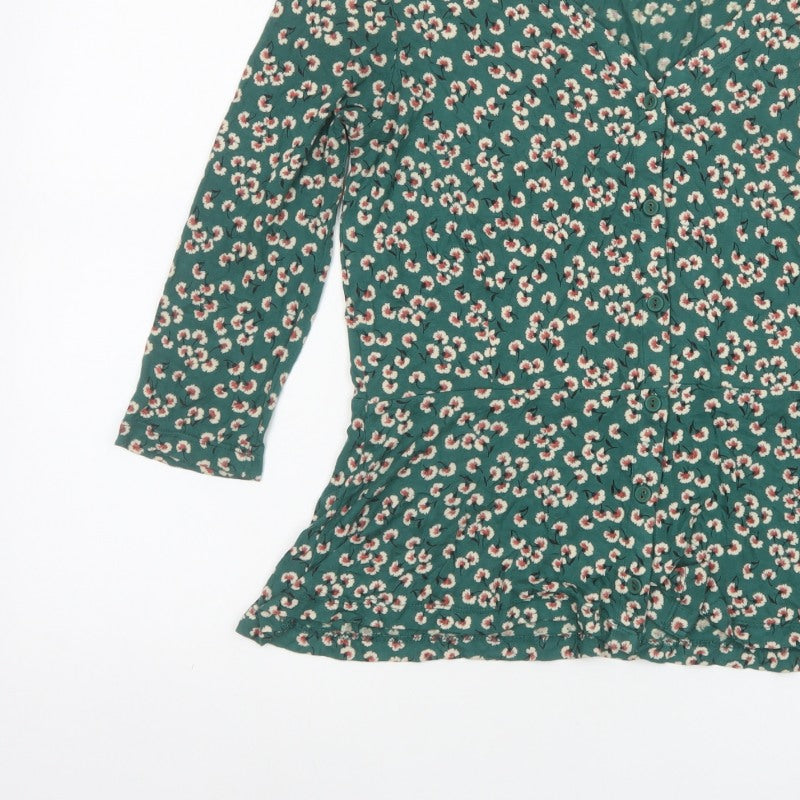 Fat Face Women’s Green Floral V-Neck Ruffle Blouse UK 10