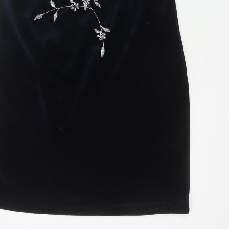 Monsoon Women Blue UK 12 Velvet Sheath Midi Floral Embroidered Dress