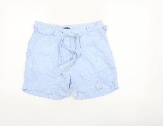 M&S Womens Blue Linen Paperbag Belted Cuffed Shorts UK 10
