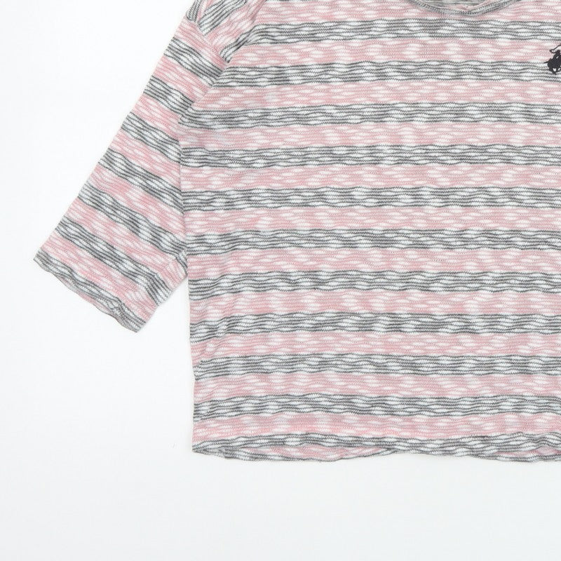 Beverly Hills Polo Club Women Pink Grey L Striped Jersey 3/4 Sleeve Top