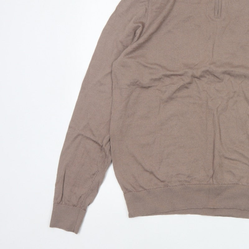 Autograph Mens Beige L Merino Wool 1/4 Zip High Neck Jumper
