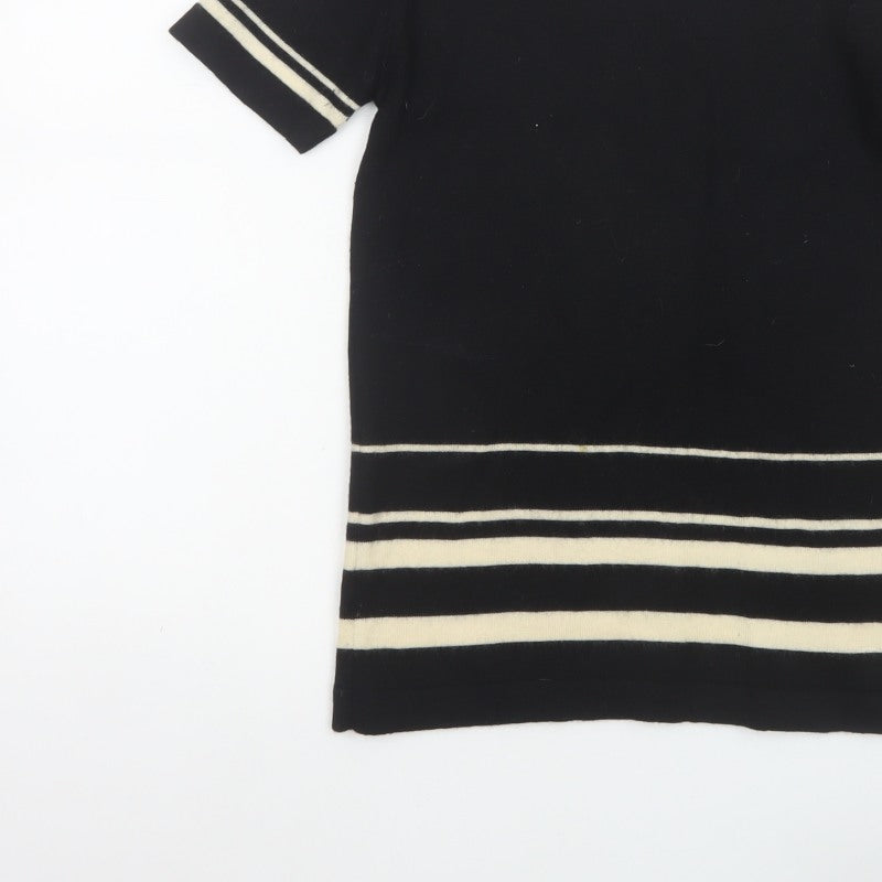 Alexon Women Black Ivory Striped 100% Wool Short Sleeve Pullover Jumper S