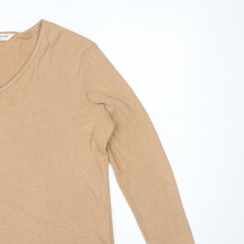 Dorothy Perkins Women Beige Size 16 Basic V-Neck Long Sleeve T-Shirt