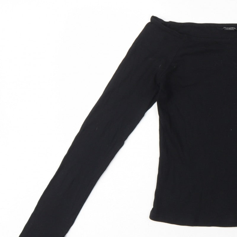 Monki Women Black M Ribbed Long Sleeve Slim T-Shirt Stretch Basic