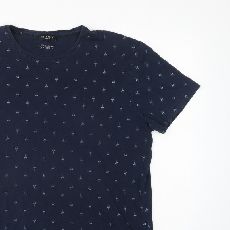 Selected Homme Men’s Blue XL Organic Cotton Floral Print T-Shirt