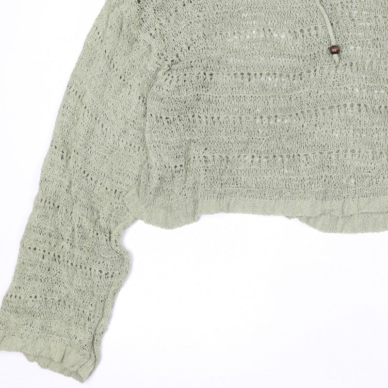 Pull&Bear Women’s Green UK 12 Hooded Open-Knit Cotton Pullover