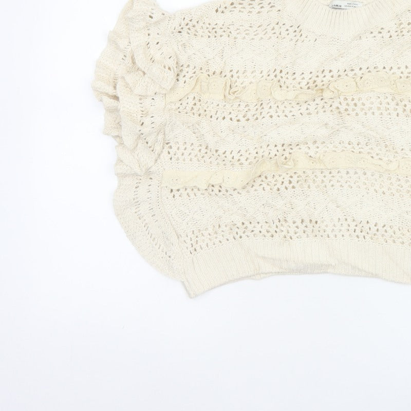 Pull&Bear Women Ivory M Ruffle Open-Knit Cotton Jumper