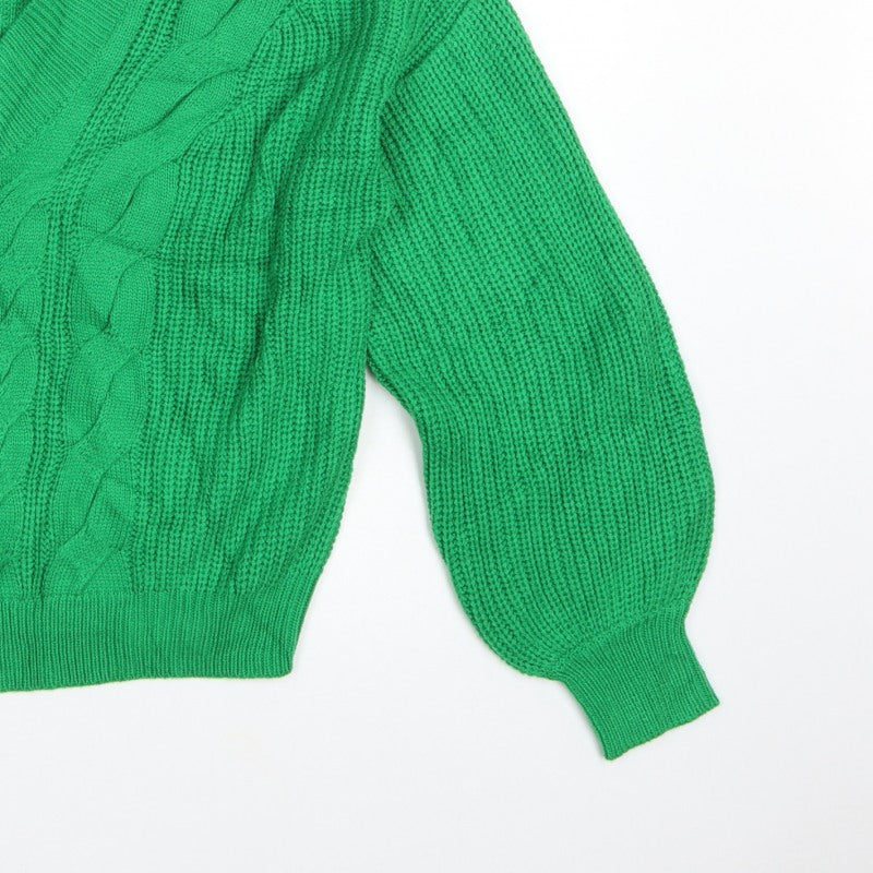 Threadbare Women’s Green Cable Knit V-Neck Balloon Sleeve Jumper UK 10