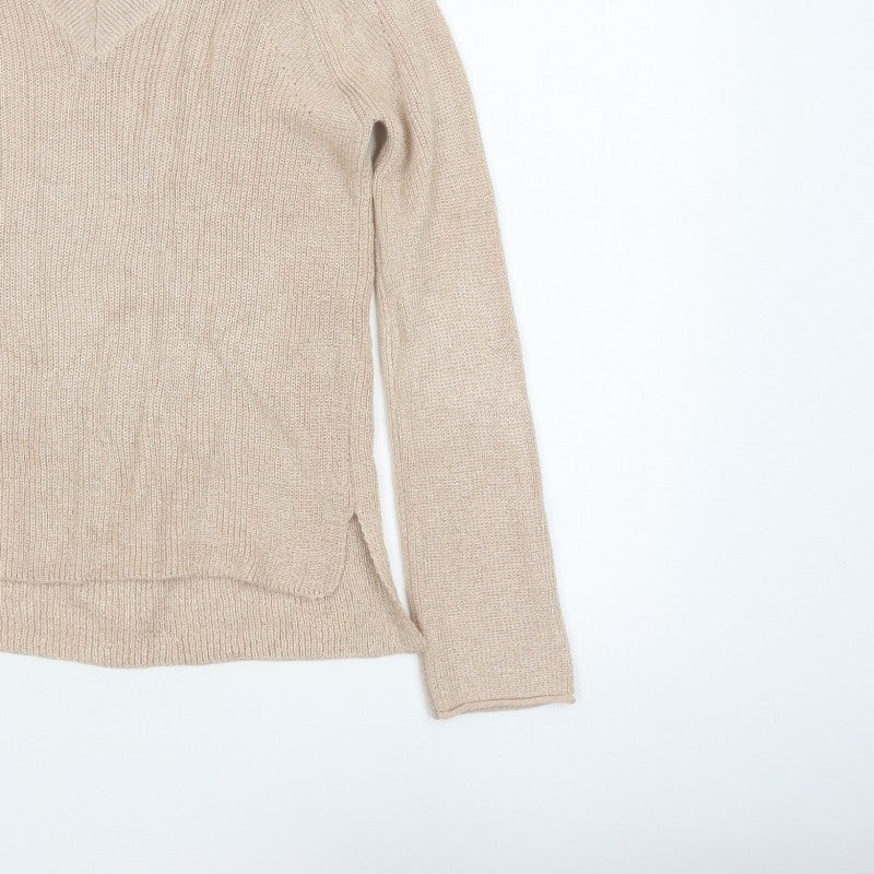 Next Women Beige Shimmer V-Neck Knit Pullover Jumper Size 8