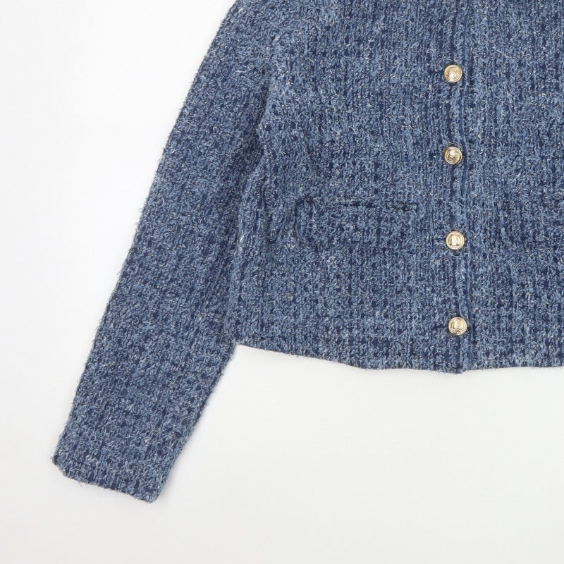 M&S Women’s Blue UK 12 Cropped Bouclé Knit Button Jacket
