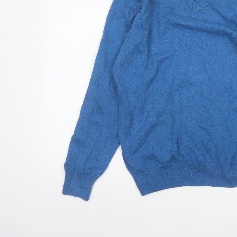 Marks and Spencer Men Blue L Cotton V-Neck Pullover Jumper