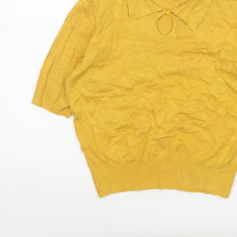 Louche Women Yellow Size 12 Collared 3/4 Sleeve Viscose Knit Top