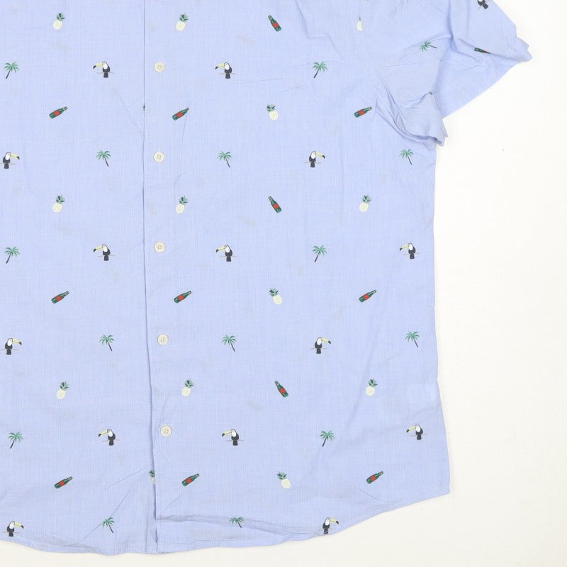 M&S Men’s Blue L Tropical Toucan Pineapple Short Sleeve Shirt