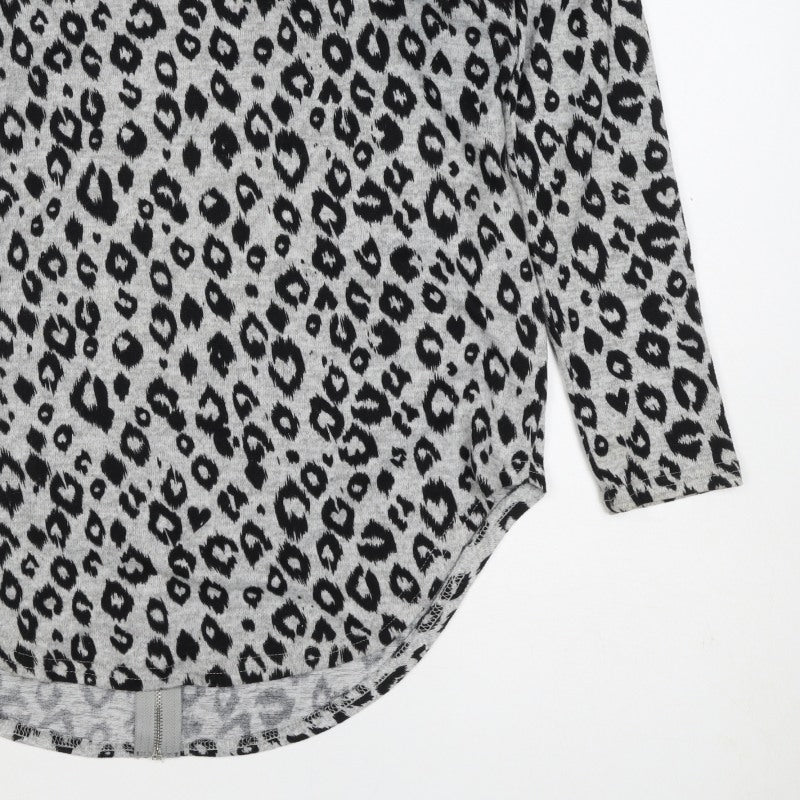 Voulez Vous Women Grey Leopard Print Zip Tunic Top Size S Long Sleeve
