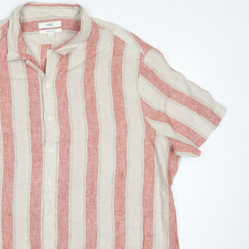 M&S Men Pink Ivory Stripe Pure Linen Short Sleeve Shirt 2XL