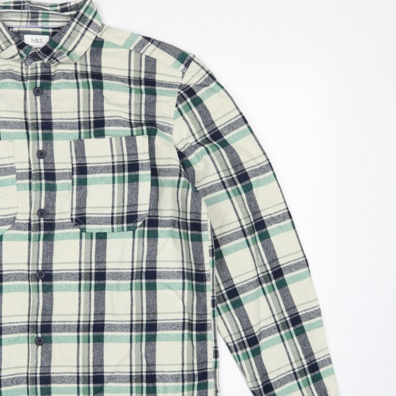 M&S Men’s Green Navy Plaid Cotton Overshirt S Button-Down