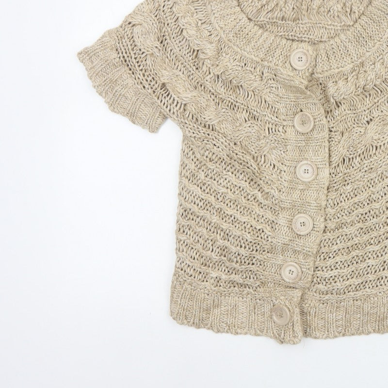 M&Co Women Beige M Chunky Cable Knit Short Sleeve Button Cardigan