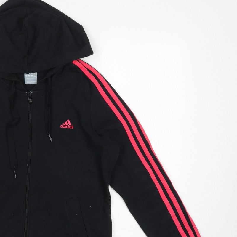Adidas Womens Black Pink 3 Stripe Full Zip Hoodie UK 14