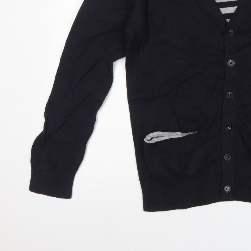 French Connection Men's Black M Button V-Neck Striped Knit Cardigan