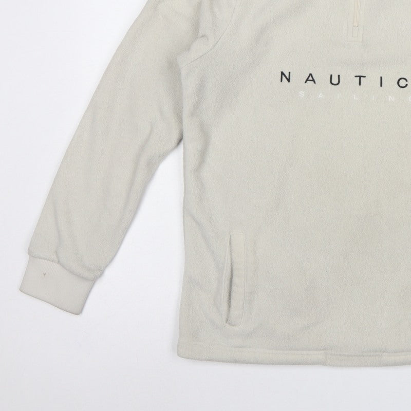 Nautica Men Ivory S 1/4 Zip Fleece Sweatshirt Nautical Logo Pockets