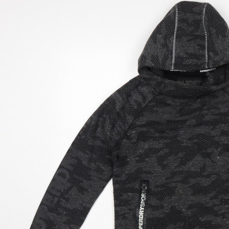 Superdry Sport Women’s Black Camo Hoodie S Pullover Zip Pockets