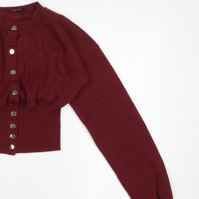 Stylewise Women Red M Cropped Snap Button Sweatshirt Bomber Cardigan