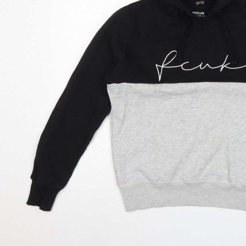 FCUK Men’s Black Grey S Pullover Hoodie Embroidered Logo