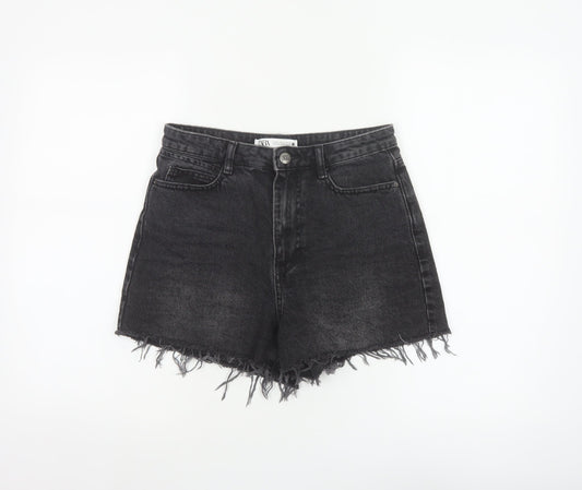 Zara Women Black High Rise Cut-Off Denim Shorts UK 8 Frayed Hem