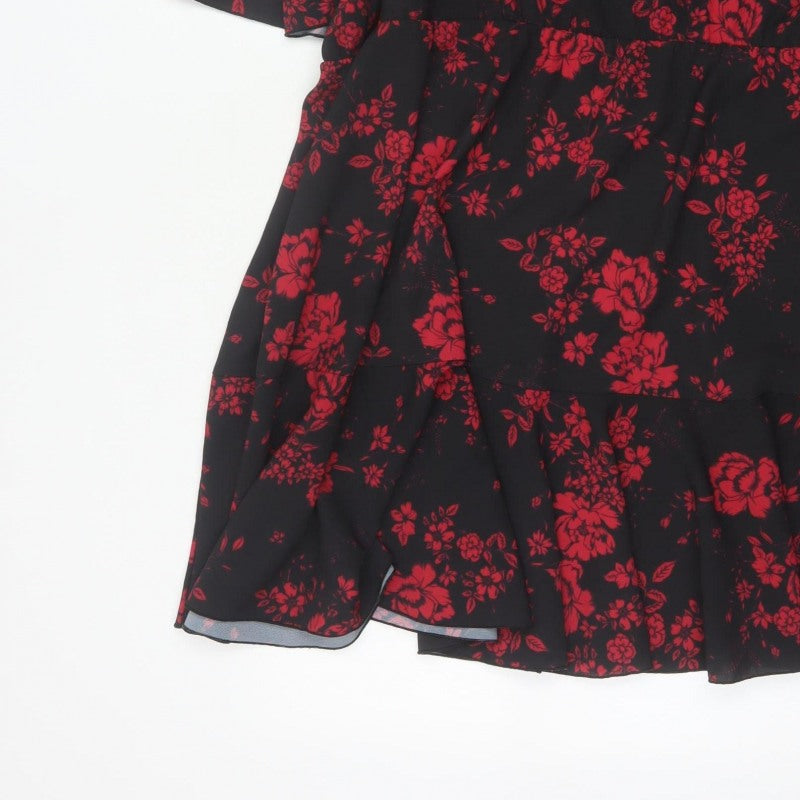 Boohoo Women Black Red Floral Fit & Flare Ruffle Dress UK 20