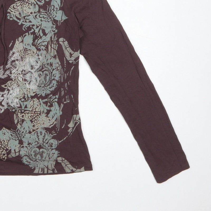 Next Women Brown UK 12 Basic Floral Tie Back Long Sleeve Jersey Top