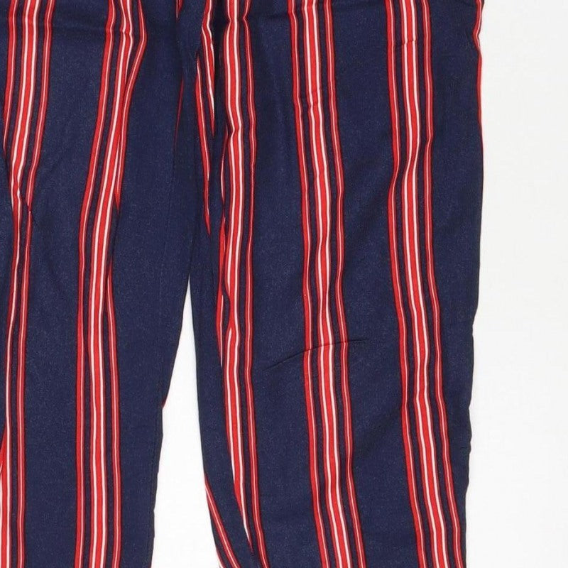 Pull&Bear Women Blue Stripe M Tie Waist Cropped Trousers