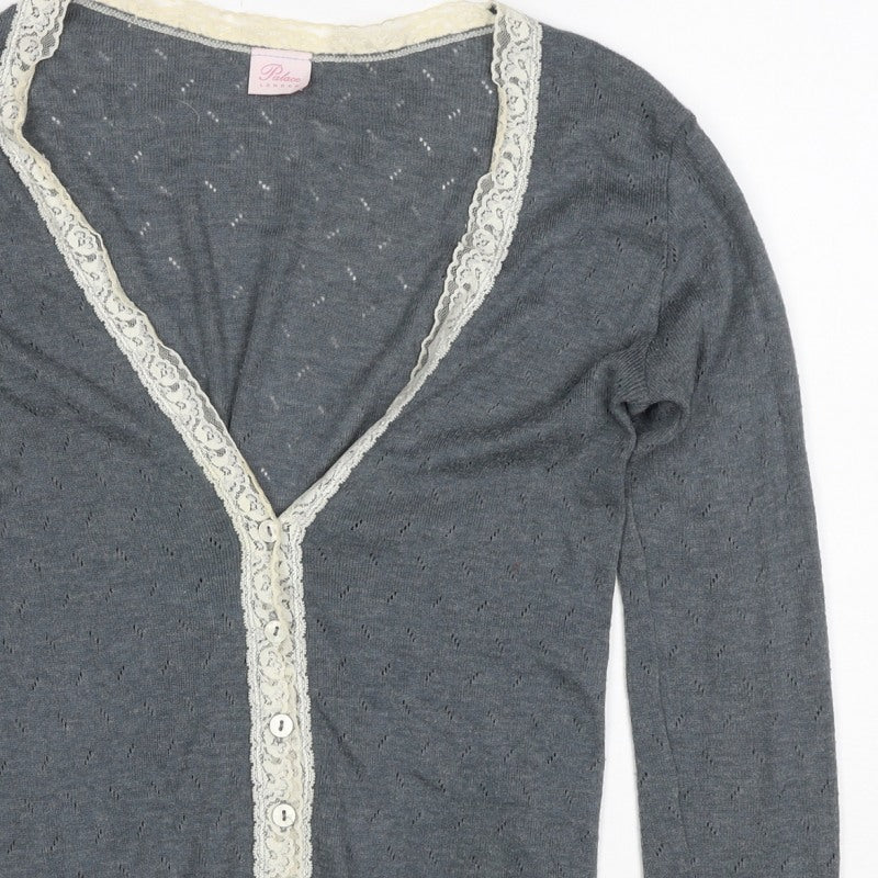 Palace London Women’s Grey S Lace Trim V-Neck Button Cardigan