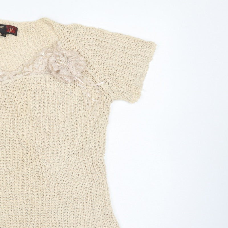 Stephan V Women’s Beige XL V-Neck Beaded Open-Knit Jumper
