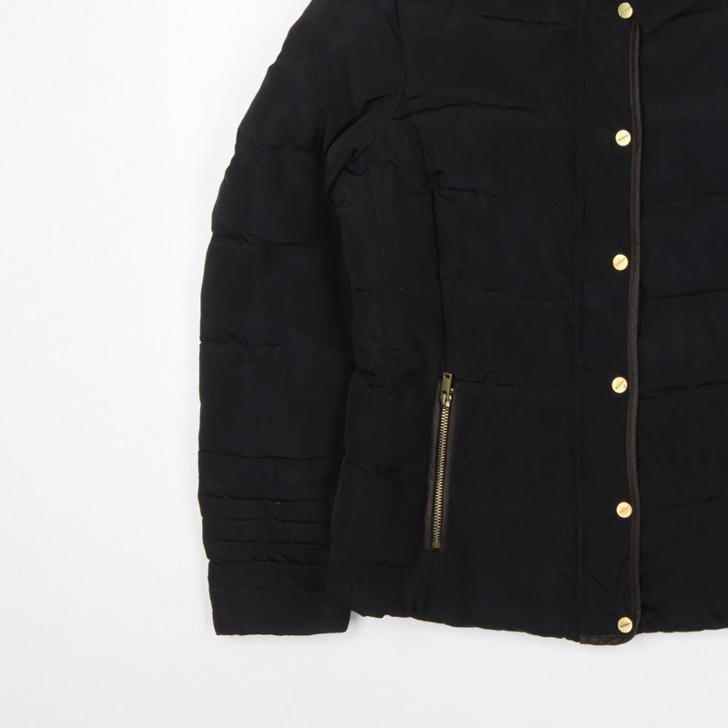 H&M Women Black Size 10 Hooded Down Puffer Jacket Gold Zip