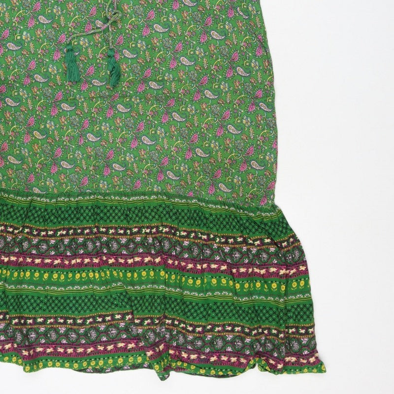 Monsoon Women Green Paisley Midi A-Line Dress Size S Tassel Tie