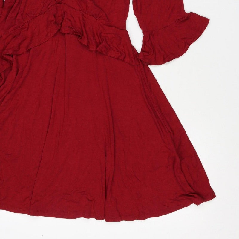 New Look Women Red UK 12 Fit & Flare Ruffle Tie Belt Dress