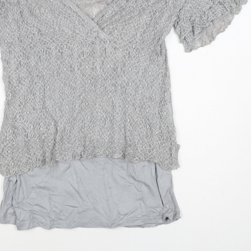 Per Una Women Grey Size 16 Lace Wrap V-Neck Flutter Sleeve Blouse Top